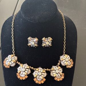 Gold Tone and Peach-Orange Floral Necklace and Earring Set